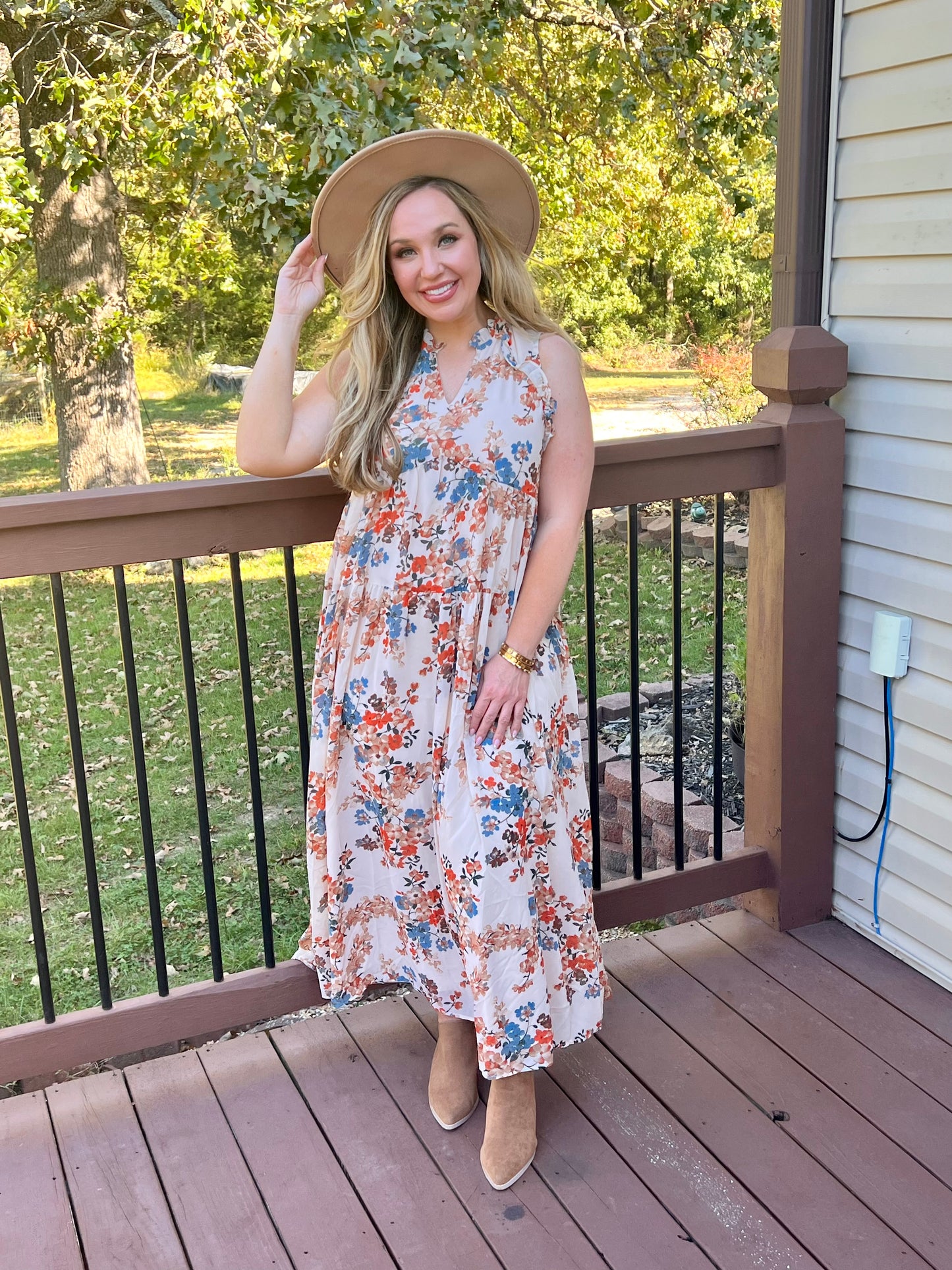 Autumn Floral Sleeveless Maxi Dress