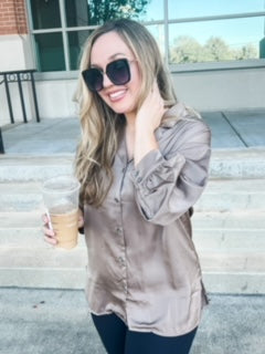 Allie Sateen Mocha Button Down Blouse