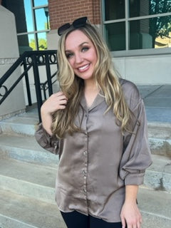 Allie Sateen Mocha Button Down Blouse