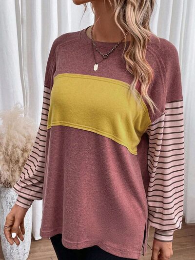 Round Neck Striped Long Sleeve Slit ShirtT-Shirt