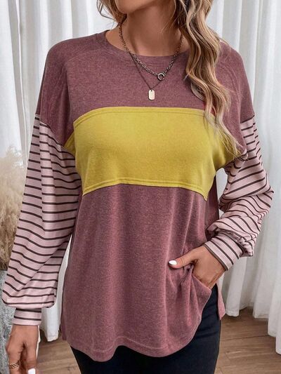 Round Neck Striped Long Sleeve Slit ShirtT-Shirt