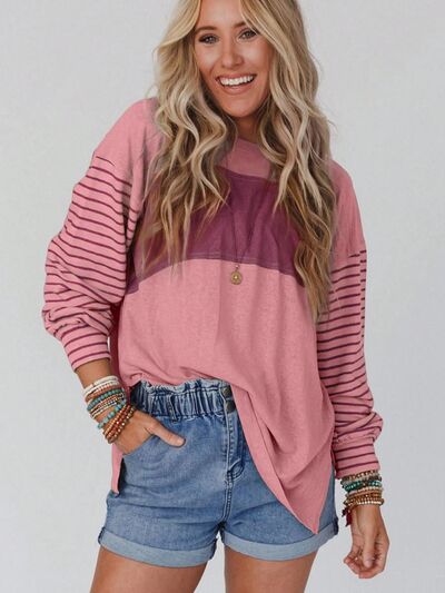 Round Neck Striped Long Sleeve Slit ShirtT-Shirt