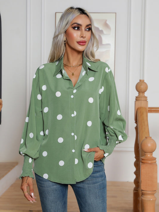 Polka Dot Collared Neck Buttoned Lantern Sleeve Shirt