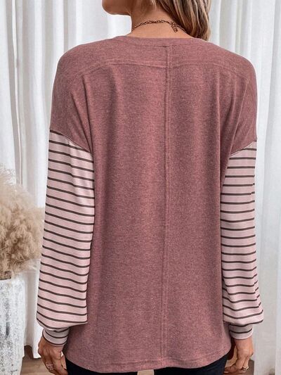 Round Neck Striped Long Sleeve Slit ShirtT-Shirt