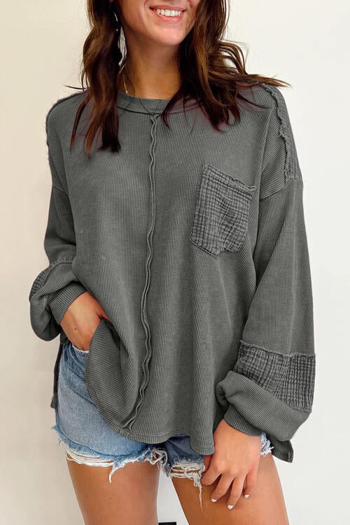 Waffle-Knit Exposed Seam Lantern Sleeve Blouse