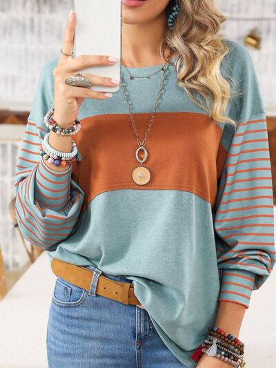 Round Neck Striped Long Sleeve Slit ShirtT-Shirt