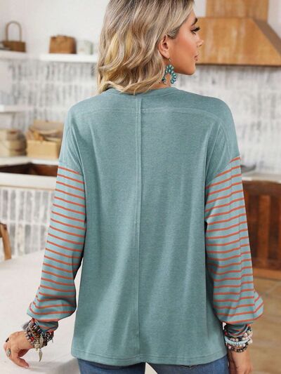 Round Neck Striped Long Sleeve Slit ShirtT-Shirt